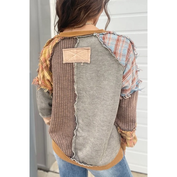 Oli & Hali Washed Mixed Fabric Plaid Pullover in Mustard Combo - Picture 5 of 14